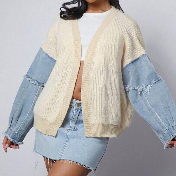 Sweaters - Beige Casual Women's Colorblock Mixed Fabric Sleeve Open Cardigan